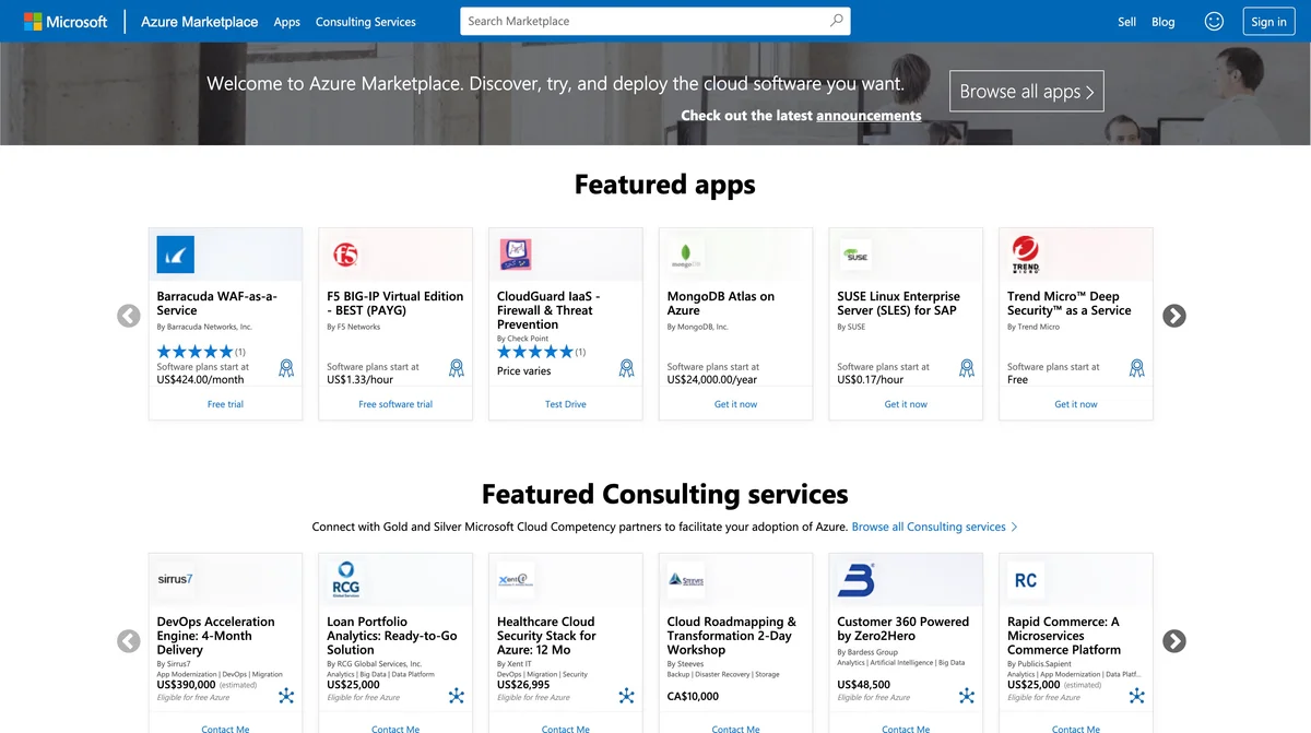 Microsoft Azure Marketplace marketplace screenshot